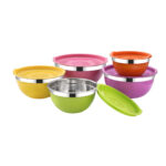 American Style Stainless Steel Mixing Bowl Set 5 Sizes Salad Cutter Bowl with Non-Slip Silicone Base for Kitchen Use - Mix...