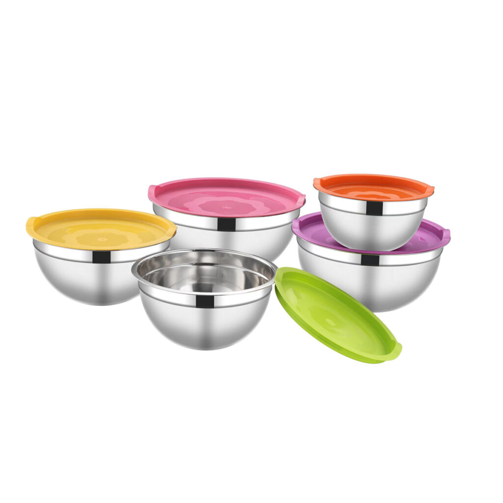American Style Stainless Steel Mixing Bowl Set 5 Sizes Salad Cutter Bowl with Non-Slip Silicone Base for Kitchen Use - Mix...