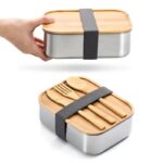 Customizable Stainless Steel School Lunch Box Leak-Proof Wooden Lids Bamboo Fo...
