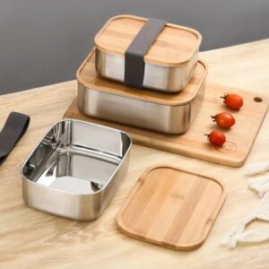 Customizable Stainless Steel School Lunch Box Leak-Proof Wooden Lids Bamboo Fo...