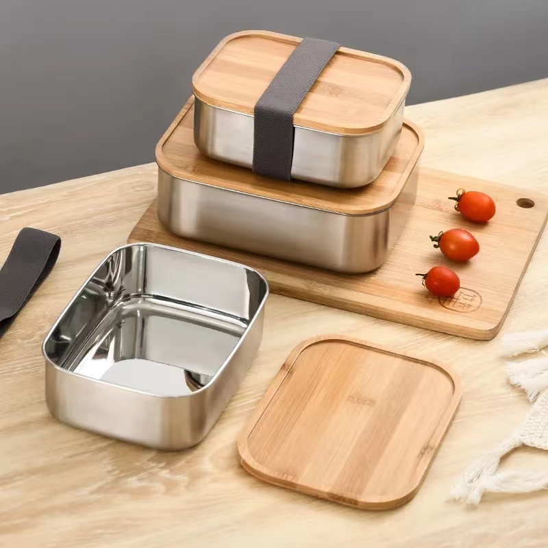 Customizable Stainless Steel School Lunch Box Leak-Proof Wooden Lids Bamboo Fo...